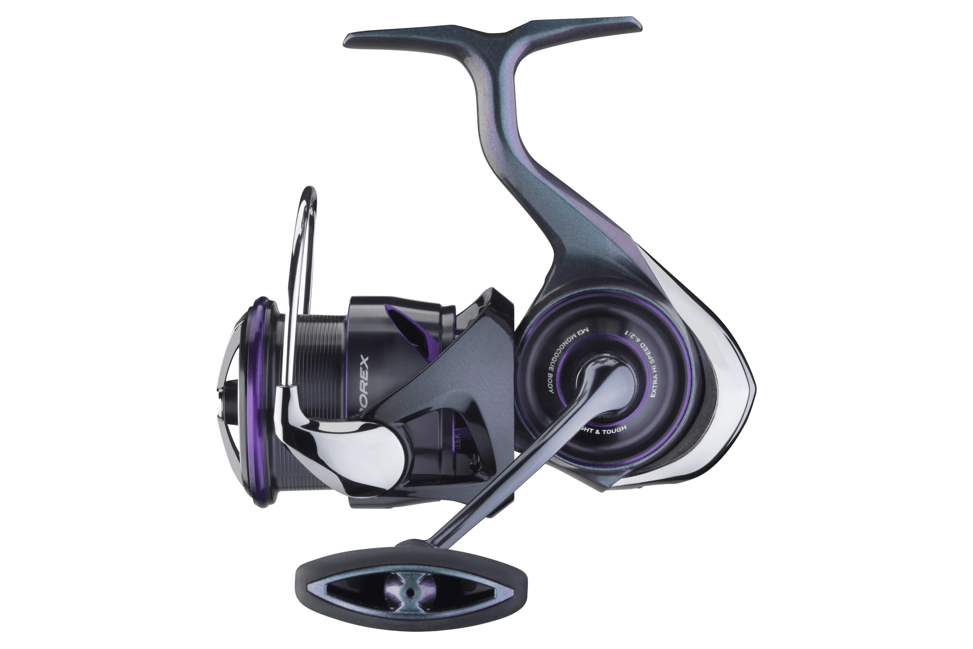 Серия Daiwa 25 Prorex MQ LT — вид сбоку, фиолетовая отделка шпули; точный SKU по фото не установлен