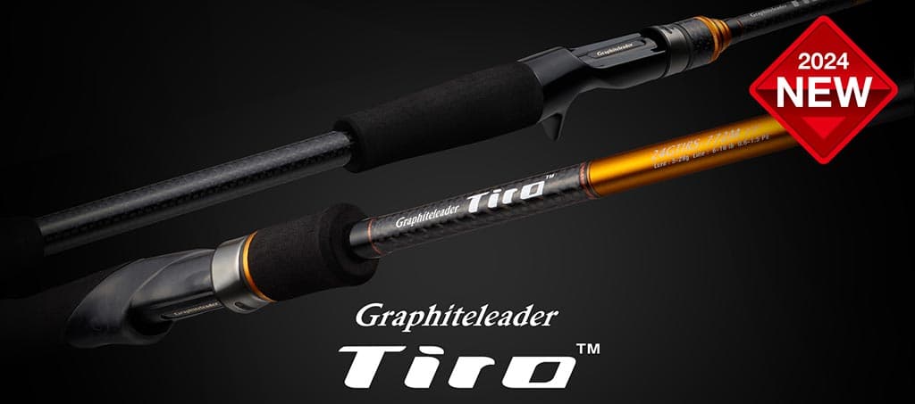 Промо-кадр серии Graphiteleader Tiro '24: три спиннинговых удилища серии веером, тёмные бланки, логотип Graphiteleader